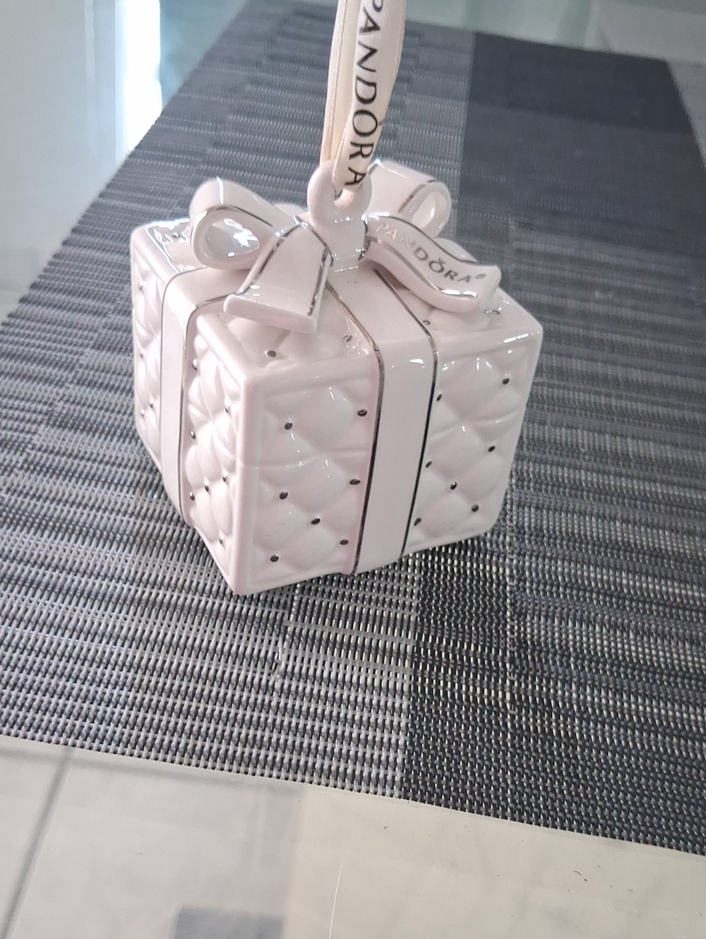 Pandora White Quilted Ceramic Gift Ornament with Silver Trim Christmas